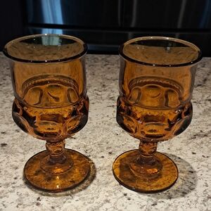 Vintage Indiana Glass "Kings Crown" Amber Goblets 5.75" Tall 1960's